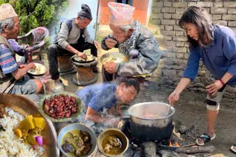 Pure Village Style Cooking and Eating at Nwagi Puja | Organic Nepali Food | Village Culture in Nepal