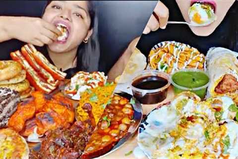 ASMR:Eating Street Food😍🔥🔥Dahi Puri Shawarma Kachori Noodles Puri Indian food Speed Eating..